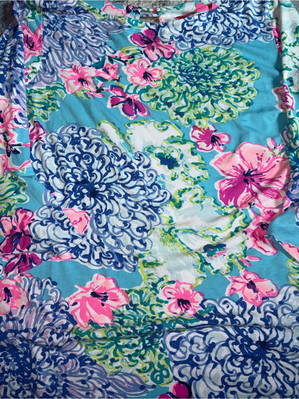 Lilly Pulitzer Aqua Floral Bell-Sleeve Top with Pink Accents Special Delivery - Picture 3 of 6